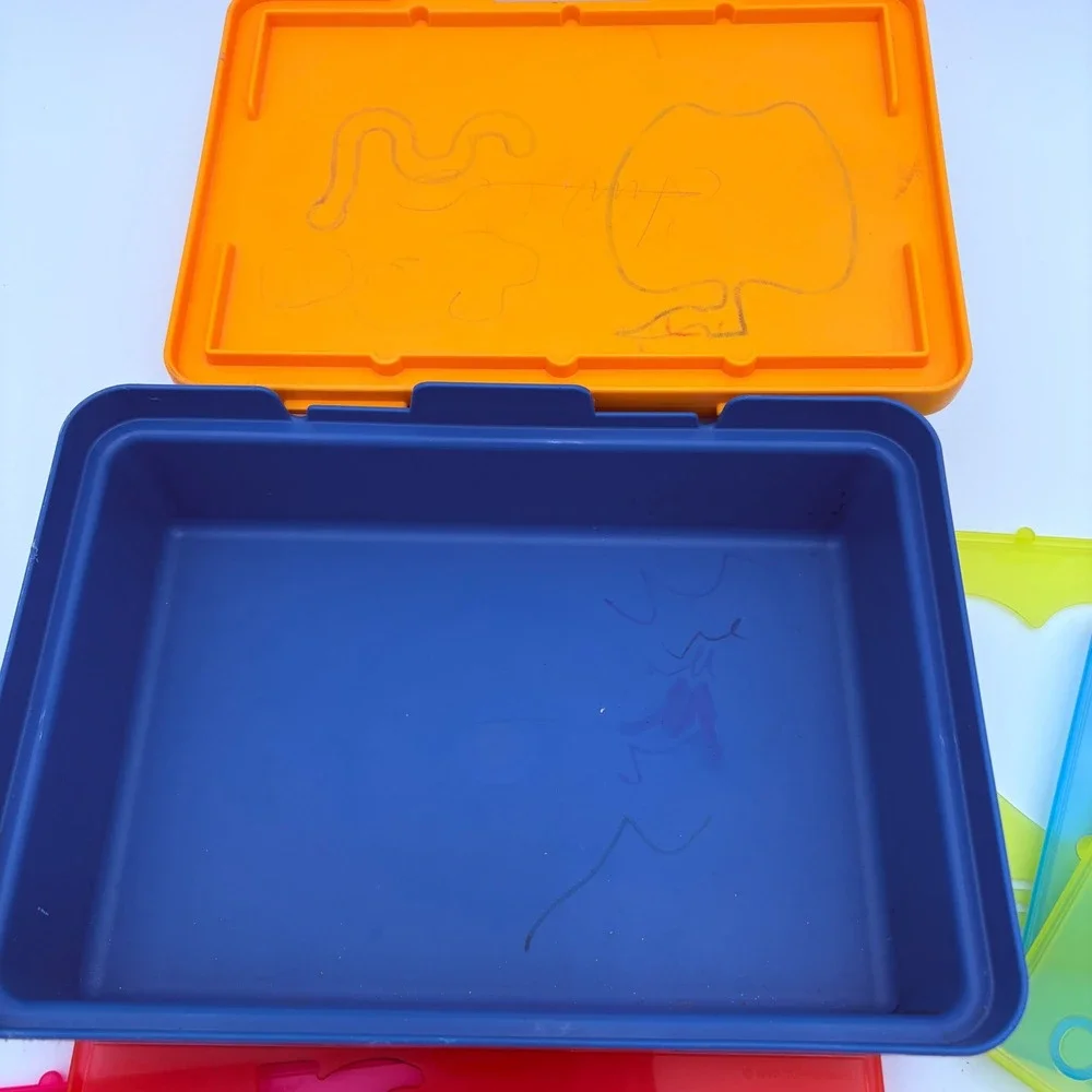 Vtg Tuppertoys Stencil Art Set Blue Orange Case Alphabet‎ Numbers Animals 1987